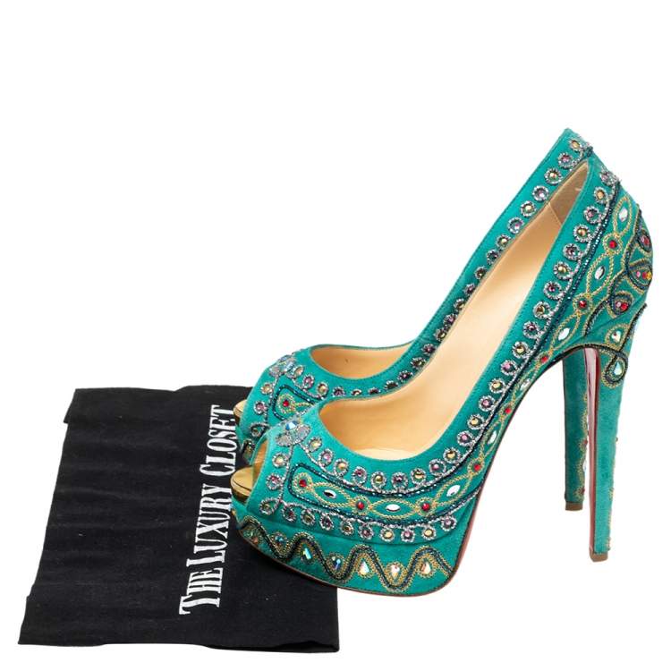 Pre Owned Christian Louboutin Turquoise Suede Crystal Embellished Peep Toe Platform Pumps Size 37.5