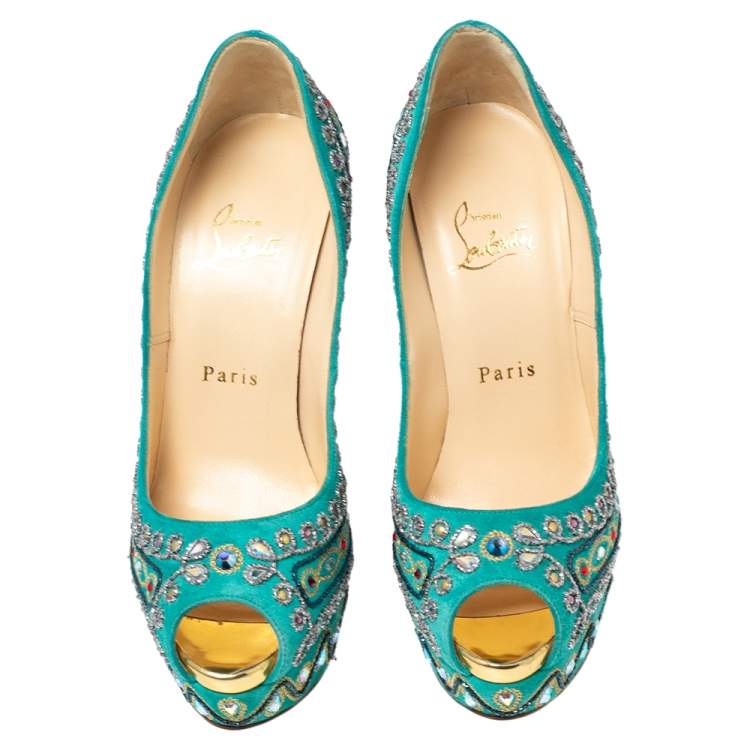 Pre Owned Christian Louboutin Turquoise Suede Crystal Embellished Peep Toe Platform Pumps Size 37.5