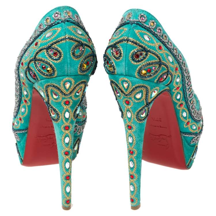 Pre Owned Christian Louboutin Turquoise Suede Crystal Embellished Peep Toe Platform Pumps Size 37.5
