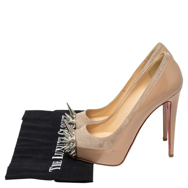 Pre Owned Christian Louboutin Beige Patent Leather and Suede Asteroid Spike Toe Pumps Size 37