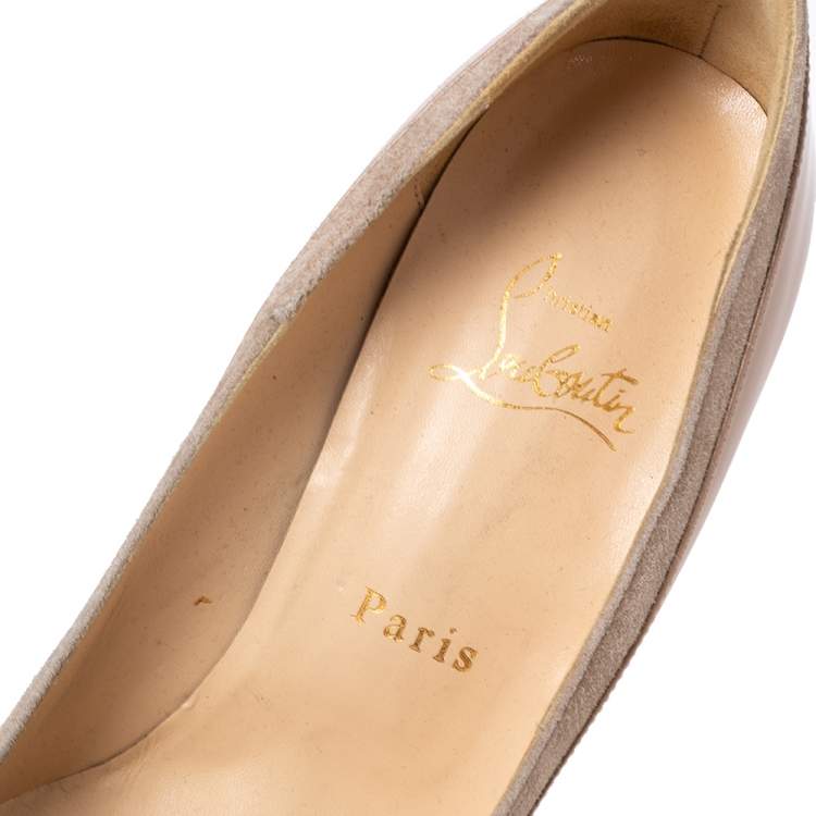 Pre Owned Christian Louboutin Beige Patent Leather and Suede Asteroid Spike Toe Pumps Size 37