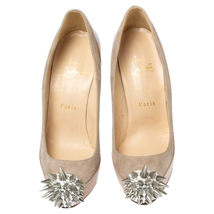 Pre Owned Christian Louboutin Beige Patent Leather and Suede Asteroid Spike Toe Pumps Size 37