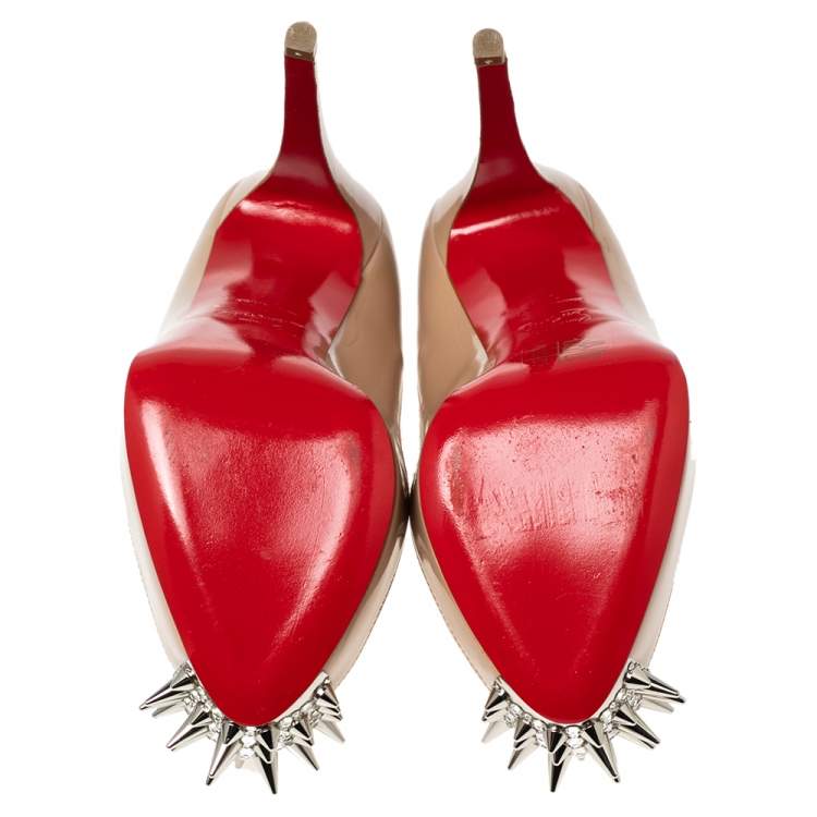 Pre Owned Christian Louboutin Beige Patent Leather and Suede Asteroid Spike Toe Pumps Size 37
