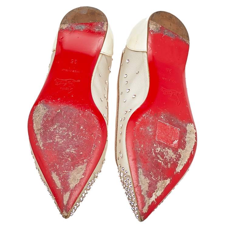مملوكة مسبقًا Christian Louboutin Beige Mesh, Leather, And Iridescent Patent Leather Follies Strass Ballet Flats Size 35