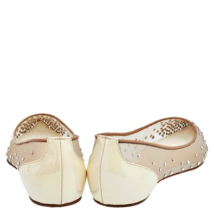مملوكة مسبقًا Christian Louboutin Beige Mesh, Leather, And Iridescent Patent Leather Follies Strass Ballet Flats Size 35