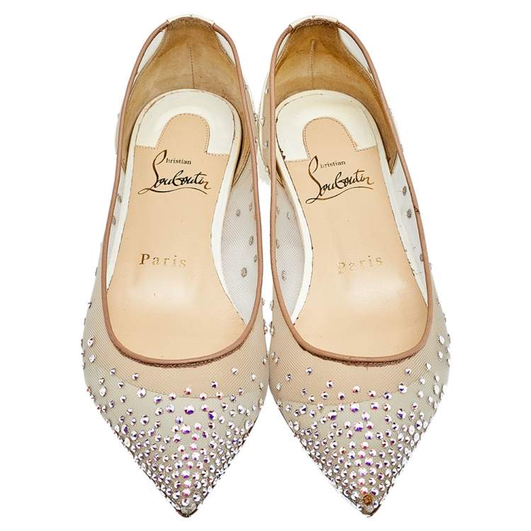 مملوكة مسبقًا Christian Louboutin Beige Mesh, Leather, And Iridescent Patent Leather Follies Strass Ballet Flats Size 35