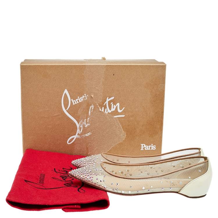 مملوكة مسبقًا Christian Louboutin Beige Mesh, Leather, And Iridescent Patent Leather Follies Strass Ballet Flats Size 35