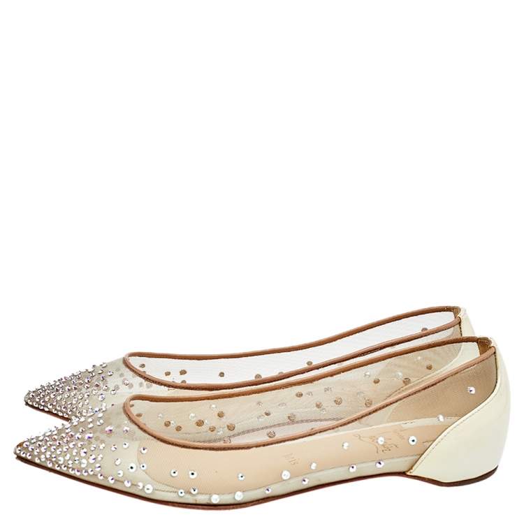 مملوكة مسبقًا Christian Louboutin Beige Mesh, Leather, And Iridescent Patent Leather Follies Strass Ballet Flats Size 35