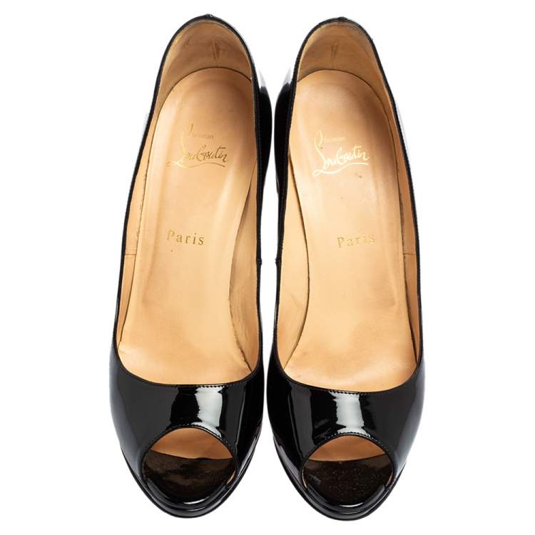 Pre Owned Christian Louboutin Black Patent Leather Peep-Toe Platform Pumps Size 40