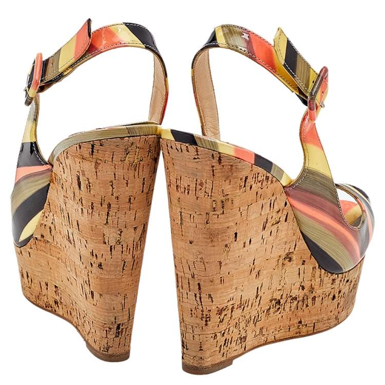 Pre Owned Christian Louboutin Multicolor Patent Leather Une Plume Cork Wedge Slingback Sandals Size 38