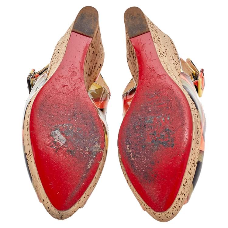 Pre Owned Christian Louboutin Multicolor Patent Leather Une Plume Cork Wedge Slingback Sandals Size 38