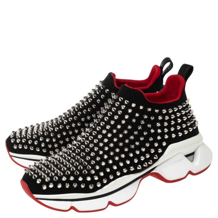 Pre Owned Christian Louboutin Black Neoprene Spike Sock Slip-On Platform Sneakers Size 38