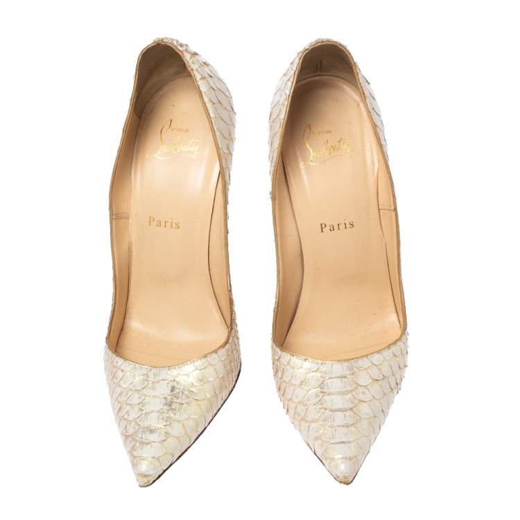 Pre Owned Christian Louboutin Cream/Gold Python Leather So Kate Pumps Size 39