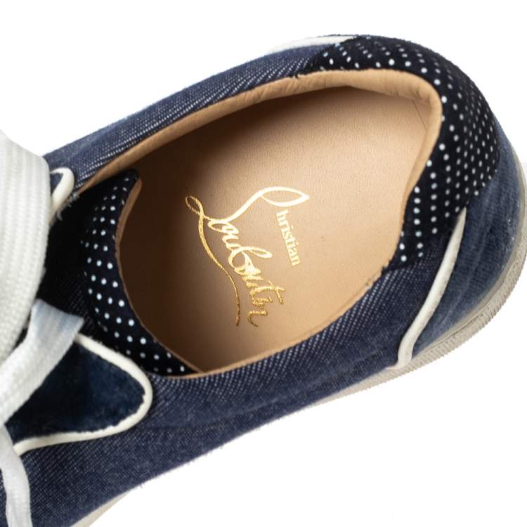 Pre Owned Christian Louboutin Blue/White Denim And Leather Vieira Spikes Low Top Sneakers Size 37.5