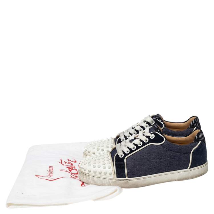 Pre Owned Christian Louboutin Blue/White Denim And Leather Vieira Spikes Low Top Sneakers Size 37.5
