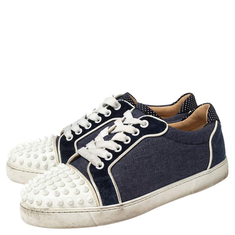Pre Owned Christian Louboutin Blue/White Denim And Leather Vieira Spikes Low Top Sneakers Size 37.5
