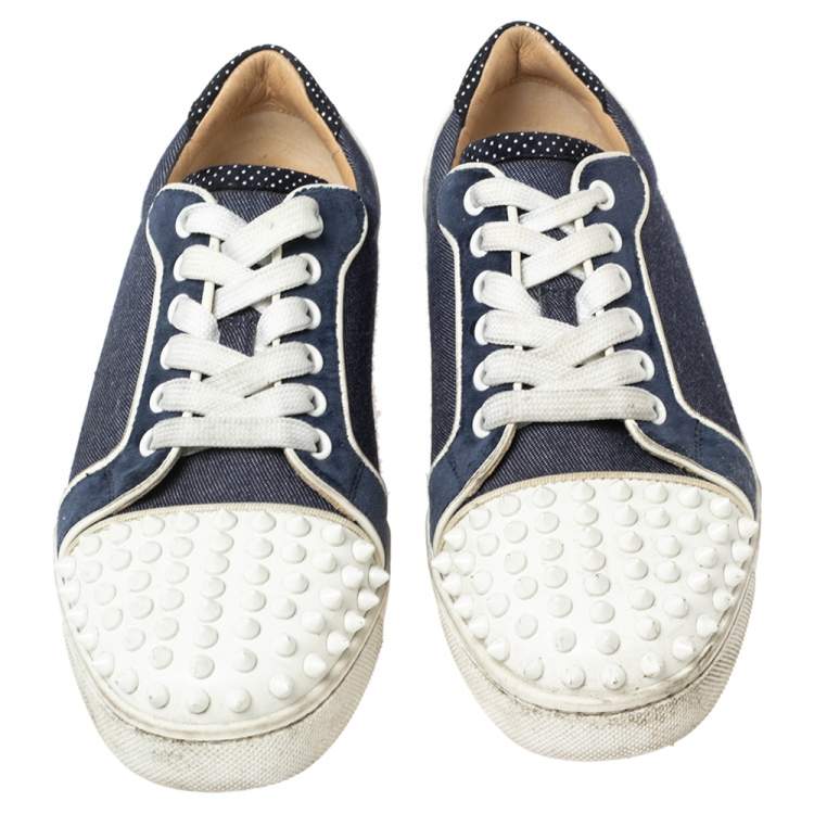 Pre Owned Christian Louboutin Blue/White Denim And Leather Vieira Spikes Low Top Sneakers Size 37.5
