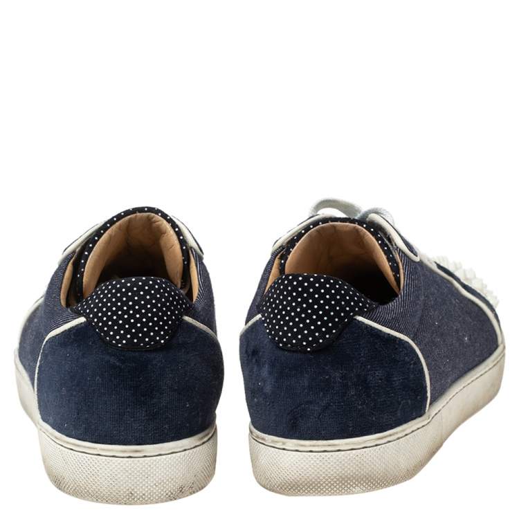 Pre Owned Christian Louboutin Blue/White Denim And Leather Vieira Spikes Low Top Sneakers Size 37.5