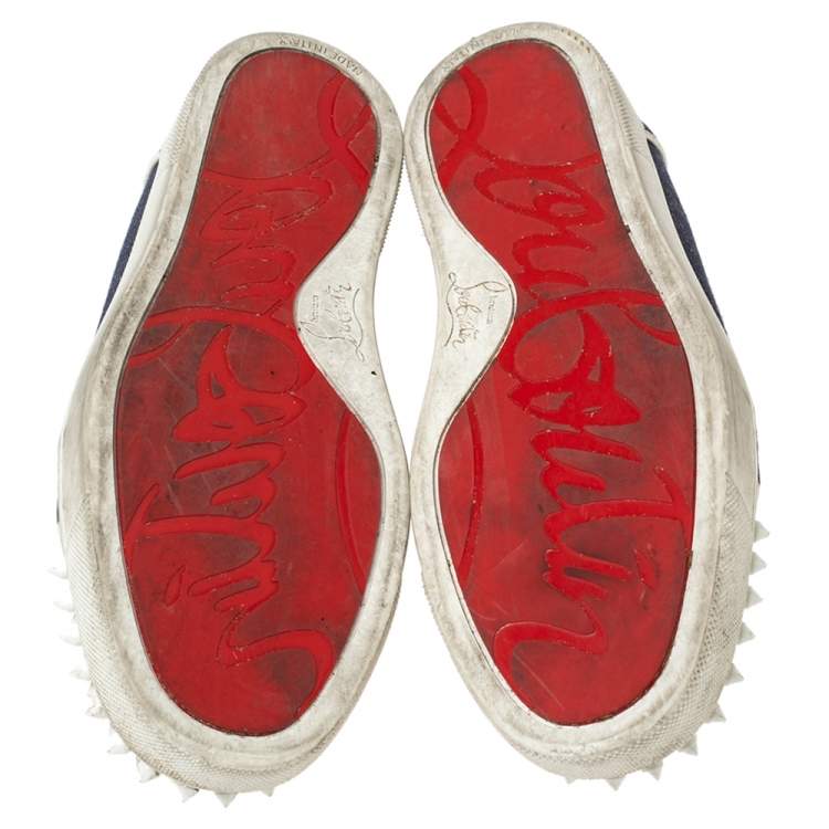 Pre Owned Christian Louboutin Blue/White Denim And Leather Vieira Spikes Low Top Sneakers Size 37.5