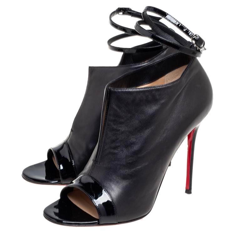 Pre Owned Christian Louboutin Black Leather And Patent Open Toe Booties Size 38