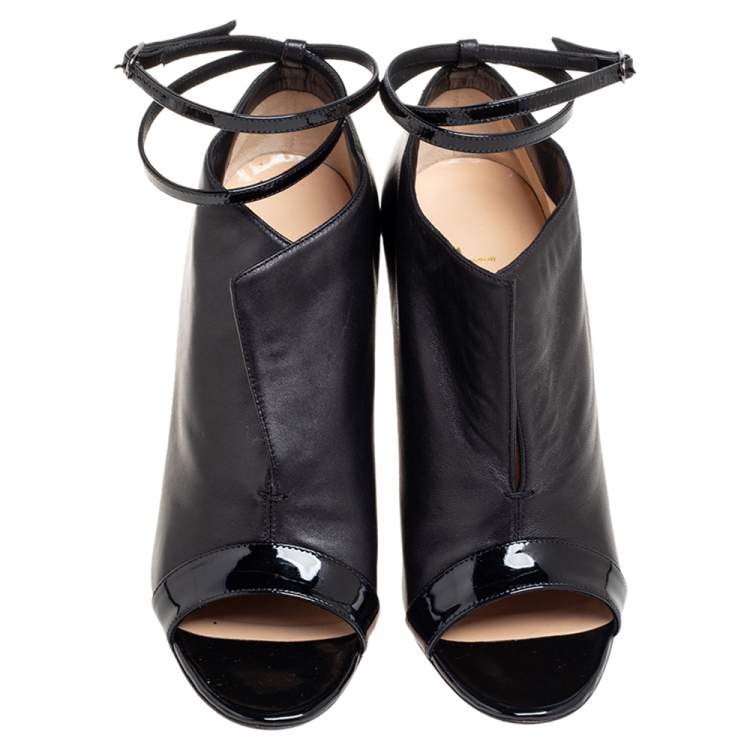 Pre Owned Christian Louboutin Black Leather And Patent Open Toe Booties Size 38