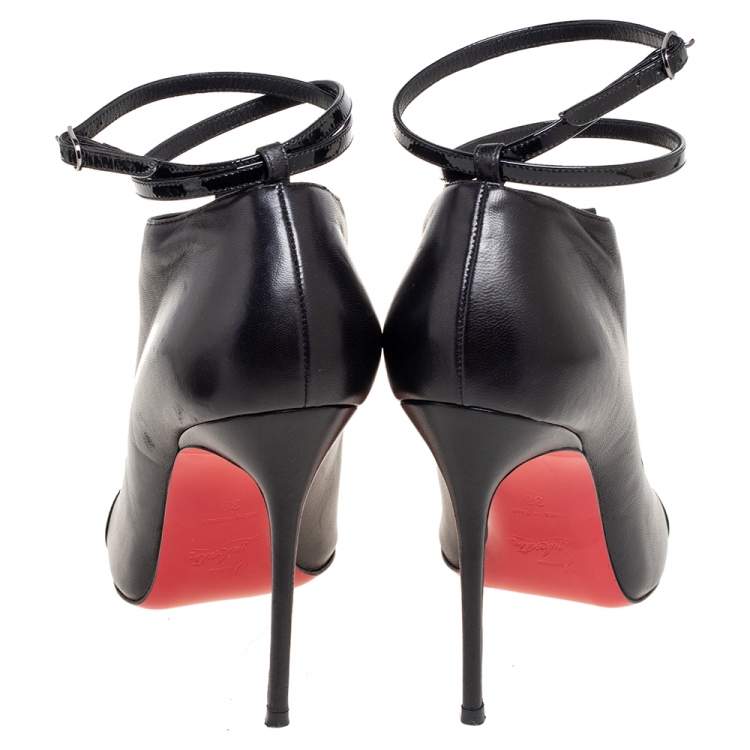 Pre Owned Christian Louboutin Black Leather And Patent Open Toe Booties Size 38