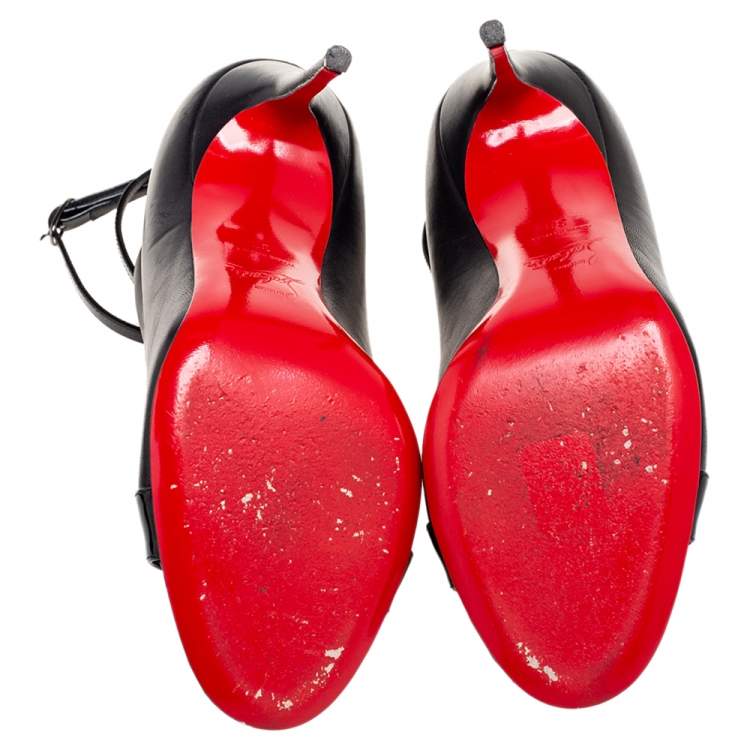 Pre Owned Christian Louboutin Black Leather And Patent Open Toe Booties Size 38
