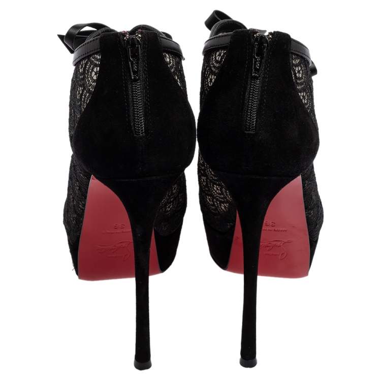 مملوكة مسبقًا Christian Louboutin Black Lace, Leather and Suede Empiralta Bow Peep-Toe Booties Size 36