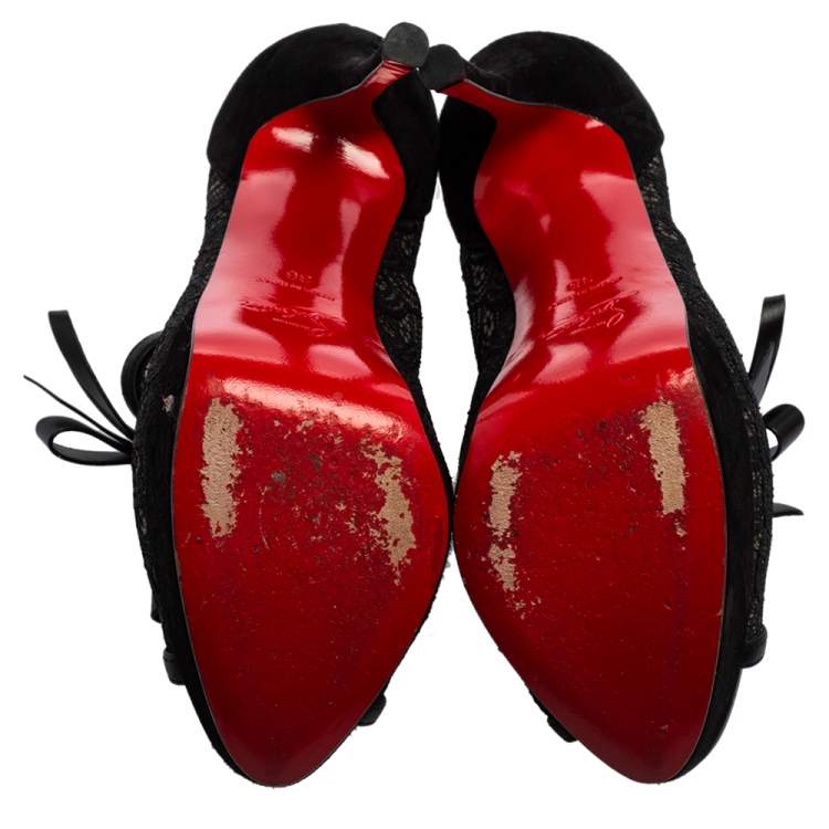 مملوكة مسبقًا Christian Louboutin Black Lace, Leather and Suede Empiralta Bow Peep-Toe Booties Size 36