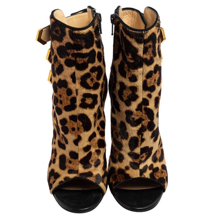 مملوكة مسبقًا Christian Louboutin Black/Beige Suede and Leopard Print Pony Hair Peep-Toe Ankle Boots Size 37.5