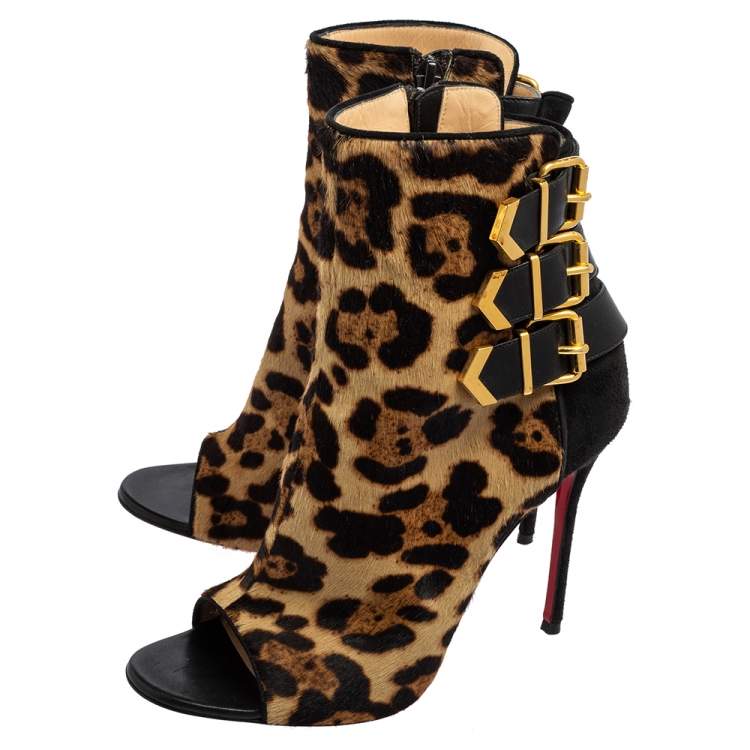 مملوكة مسبقًا Christian Louboutin Black/Beige Suede and Leopard Print Pony Hair Peep-Toe Ankle Boots Size 37.5