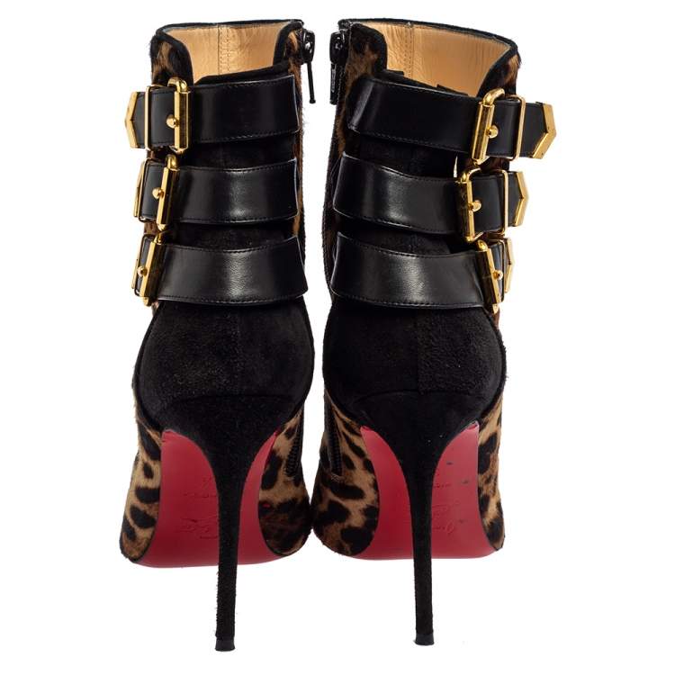 مملوكة مسبقًا Christian Louboutin Black/Beige Suede and Leopard Print Pony Hair Peep-Toe Ankle Boots Size 37.5