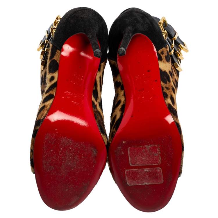مملوكة مسبقًا Christian Louboutin Black/Beige Suede and Leopard Print Pony Hair Peep-Toe Ankle Boots Size 37.5