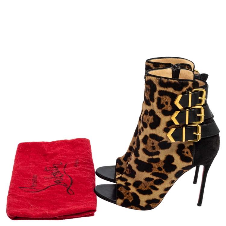 مملوكة مسبقًا Christian Louboutin Black/Beige Suede and Leopard Print Pony Hair Peep-Toe Ankle Boots Size 37.5