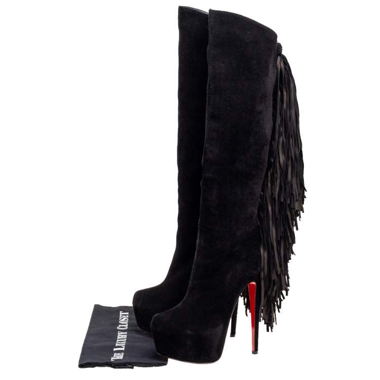Pre Owned Christian Louboutin Black Suede Interlopa Fringe Detail Knee Length Platform Boots Size 37