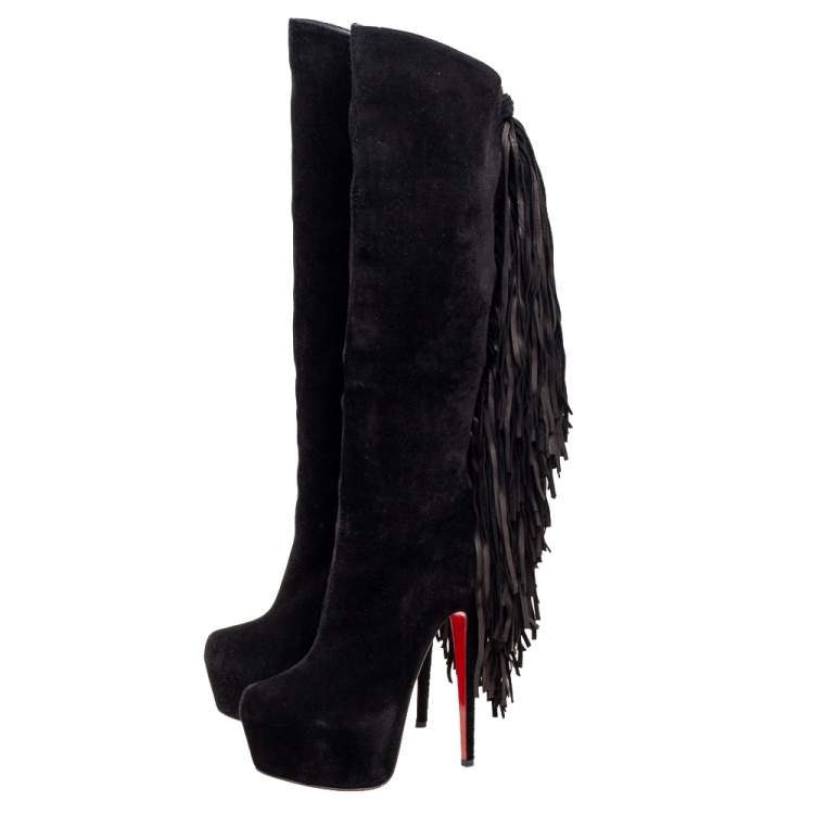 Pre Owned Christian Louboutin Black Suede Interlopa Fringe Detail Knee Length Platform Boots Size 37