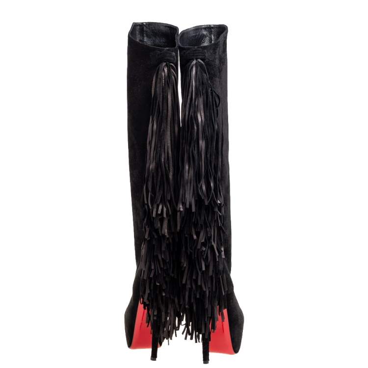 Pre Owned Christian Louboutin Black Suede Interlopa Fringe Detail Knee Length Platform Boots Size 37