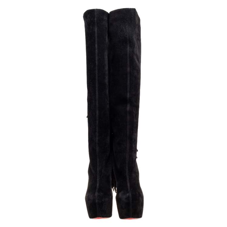 Pre Owned Christian Louboutin Black Suede Interlopa Fringe Detail Knee Length Platform Boots Size 37