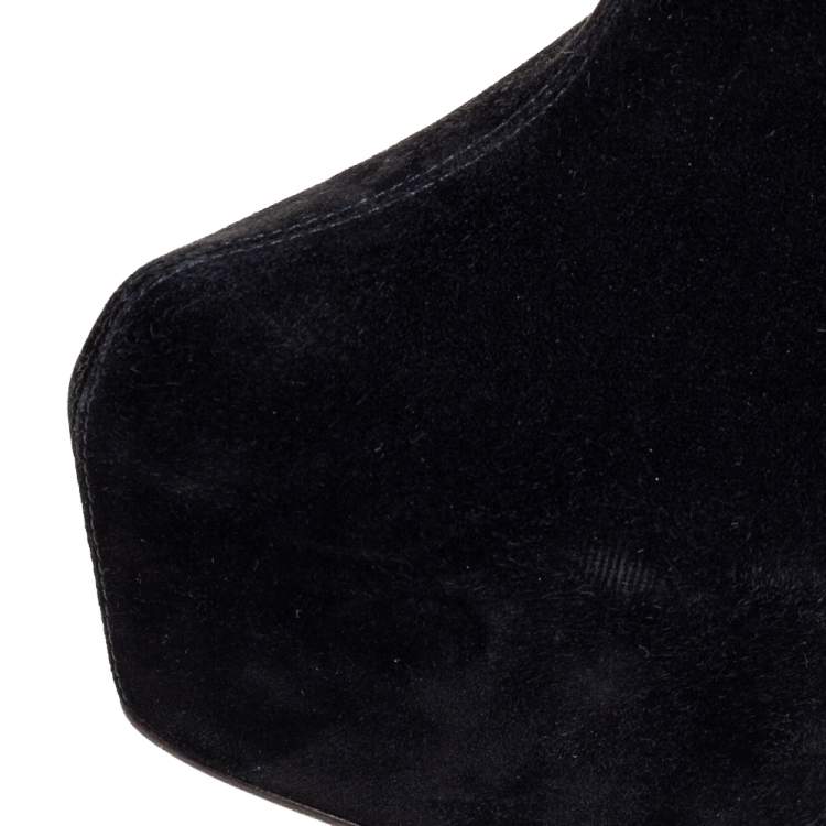 Pre Owned Christian Louboutin Black Suede Interlopa Fringe Detail Knee Length Platform Boots Size 37
