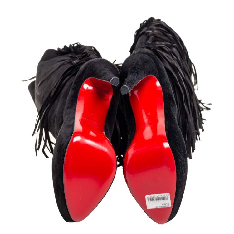 Pre Owned Christian Louboutin Black Suede Interlopa Fringe Detail Knee Length Platform Boots Size 37