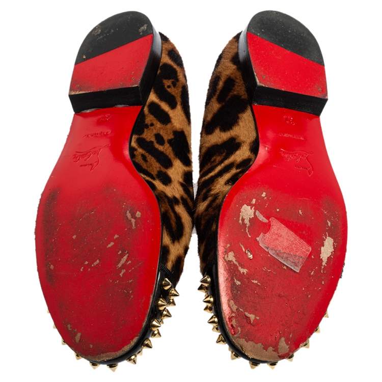 Pre Owned Christian Louboutin Brown Leopard Print Calf Hair and Black Patent Leather Harvanana Spike Loafers Size 37