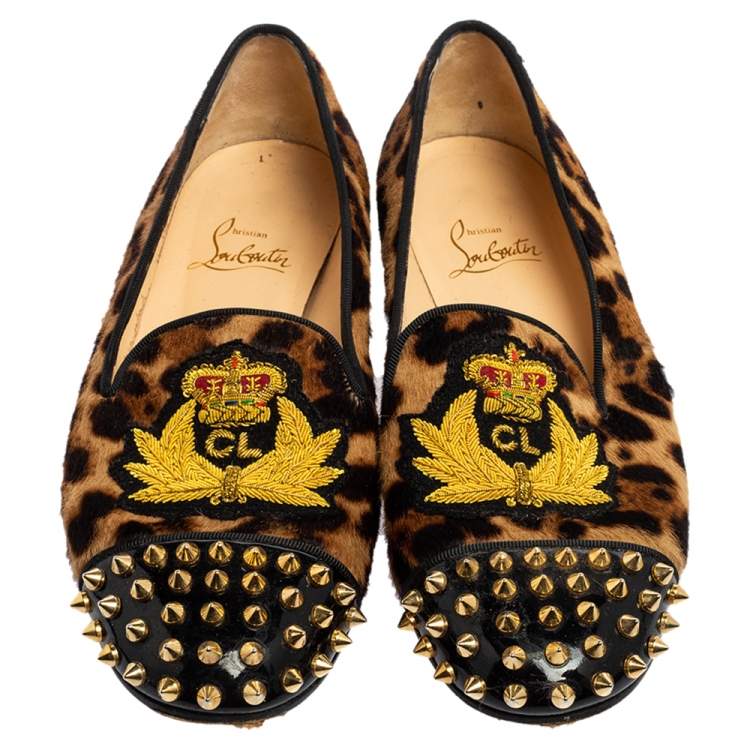Pre Owned Christian Louboutin Brown Leopard Print Calf Hair and Black Patent Leather Harvanana Spike Loafers Size 37
