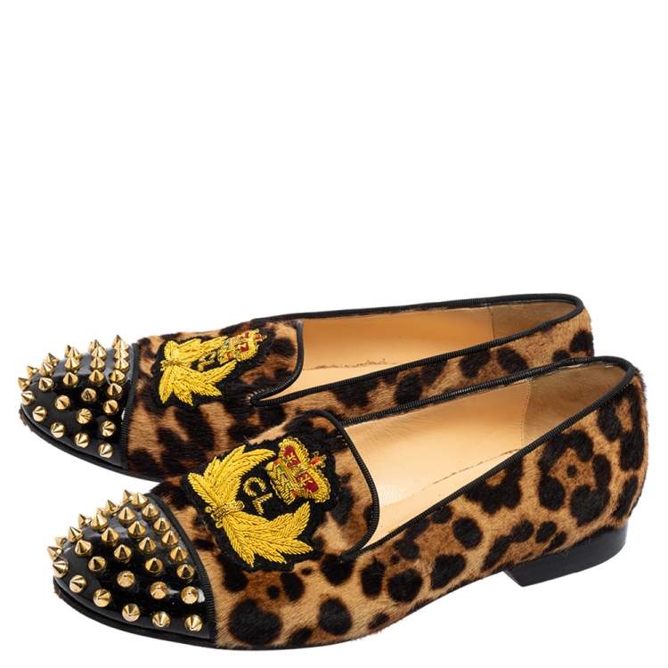 Pre Owned Christian Louboutin Brown Leopard Print Calf Hair and Black Patent Leather Harvanana Spike Loafers Size 37