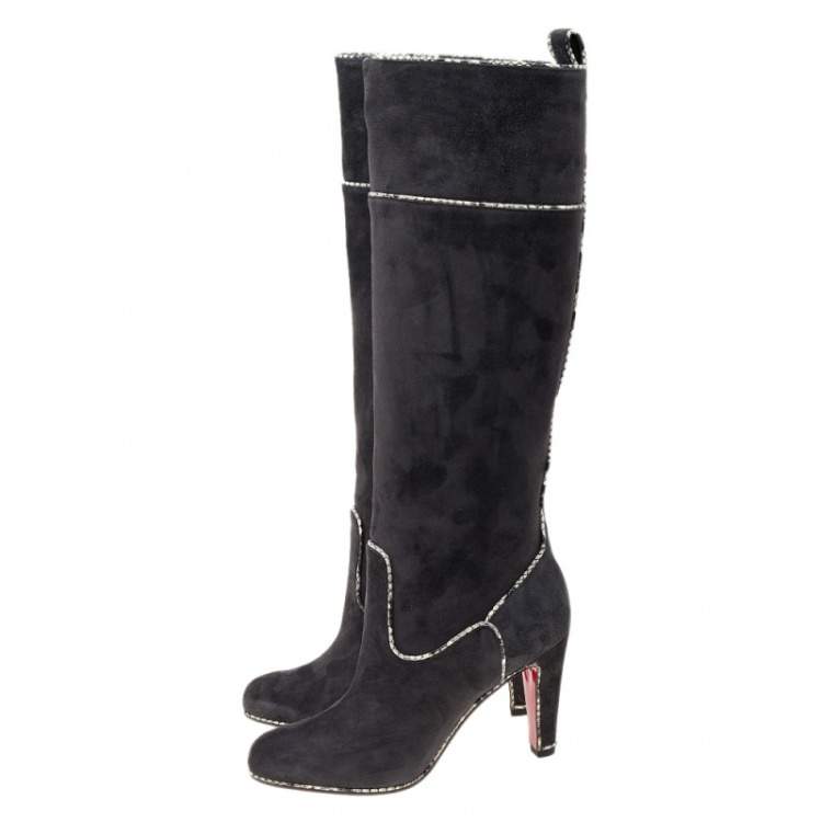 Pre Owned Christian Louboutin Dark Grey Suede And Snakeskin Trim Louloubotta Knee Length Boots Size 38.5