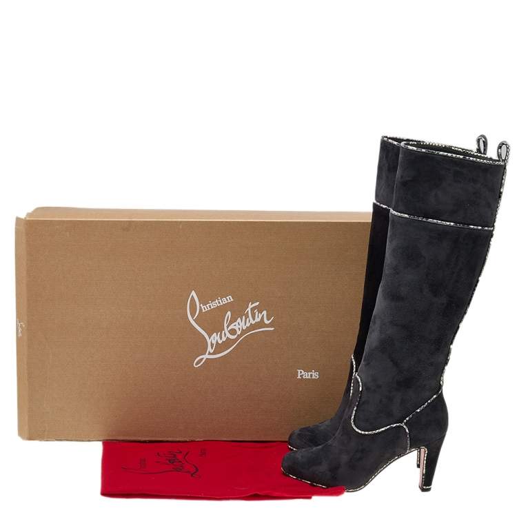 Pre Owned Christian Louboutin Dark Grey Suede And Snakeskin Trim Louloubotta Knee Length Boots Size 38