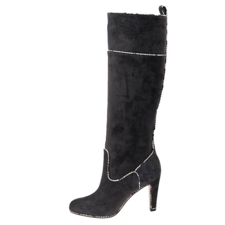 Pre Owned Christian Louboutin Dark Grey Suede And Snakeskin Trim Louloubotta Knee Length Boots Size 38