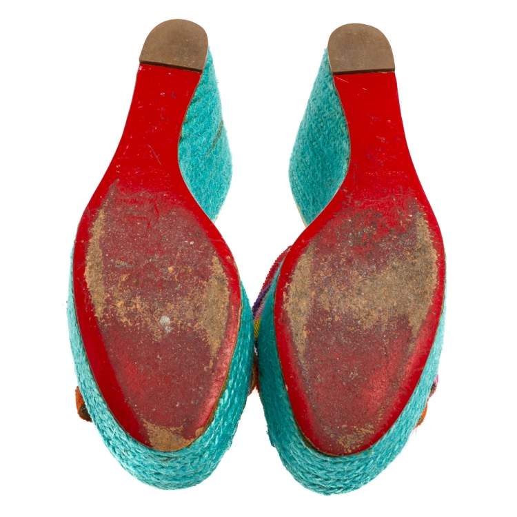 Pre Owned Christian Louboutin Multicolor Fabric Crepon Espadrille Wedge Sandals Size 37