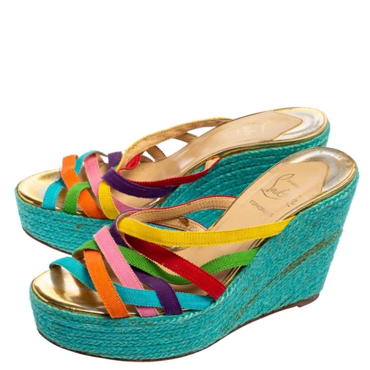 Pre Owned Christian Louboutin Multicolor Fabric Crepon Espadrille Wedge Sandals Size 37
