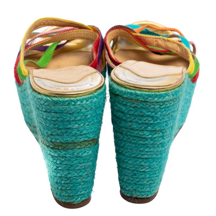 Pre Owned Christian Louboutin Multicolor Fabric Crepon Espadrille Wedge Sandals Size 37