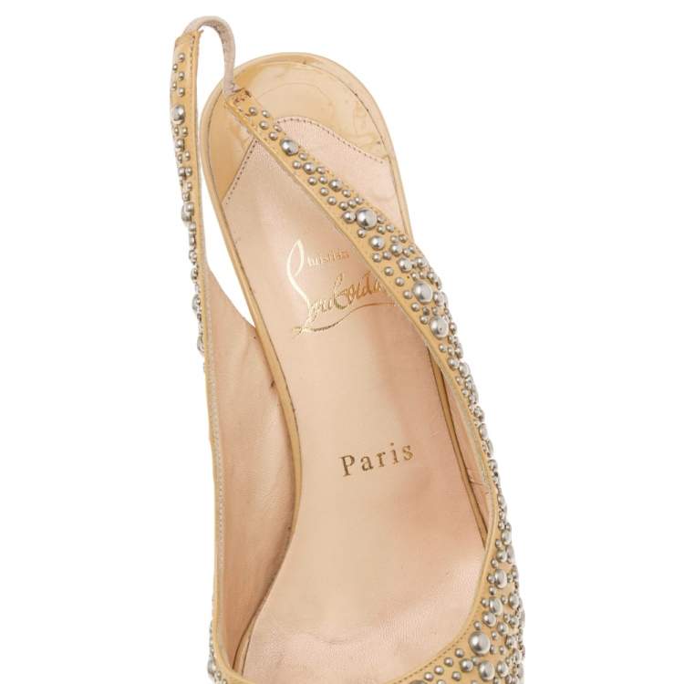 Pre Owned Christian Louboutin Beige Studded Patent Leather Star Prive Peep Toe Slingback Sandals Size 39